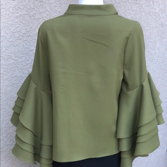 Gracia Olive Tiered Ruffle ¾ Sleeve Button Front Standing Collar Blouse- sz M - Picture 5 of 13